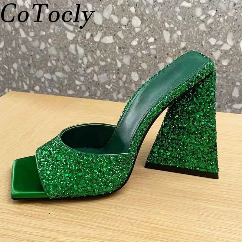 

Sequins Block Heels Slippers Women Peep Toe Slides Woman Bling Prom Party Shoes Female Summer Sandals High Heels Slippers Women