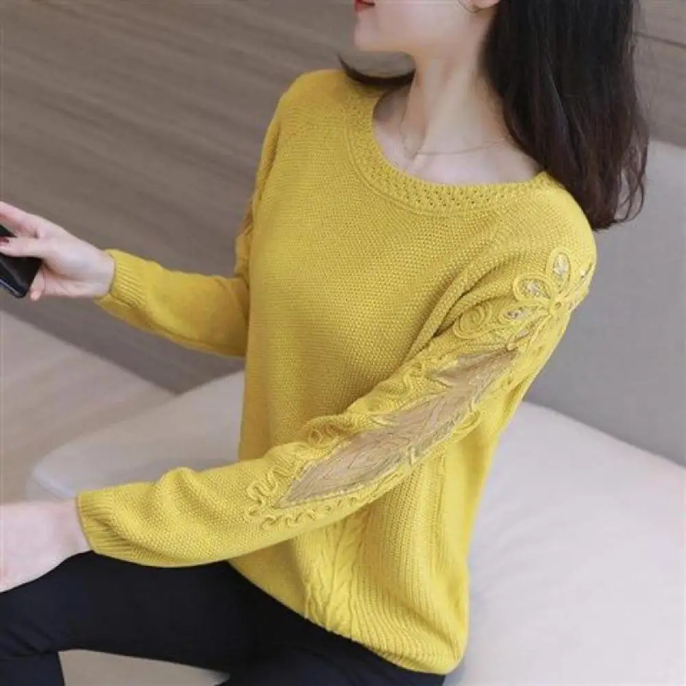 

Solid Color Women Sweater Soft Sweater Cozy Chic Women's Lace Applique Knitted Sweaters for Fall Winter Soft Warm Anti-shrink