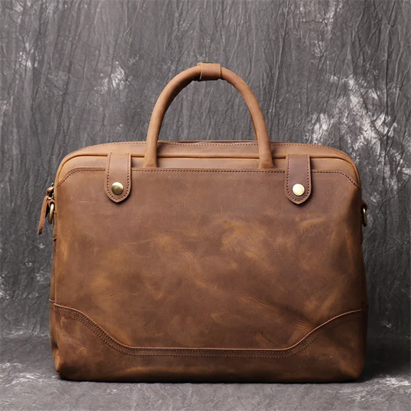 Vintage high quality genuine leather men's women's briefcase simple business real cowhide messenger bags office large laptop bag