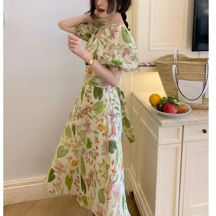 

2023 Summer Casual Floral Printed Long Maxi Clothing Women Puff Short Sleeve Dress Female A Line Dresses with Bow Vestidos X58
