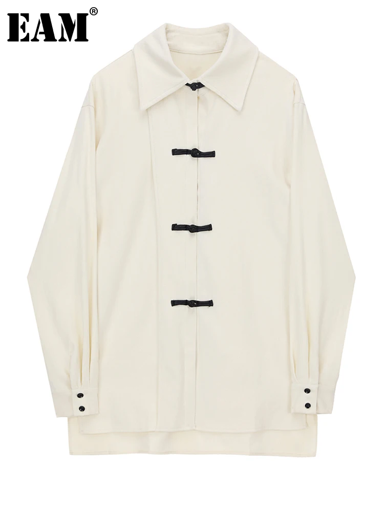 

[EAM] Women White Buckle Big Size Casual Blouse New Lapel Long Sleeve Loose Fit Shirt Fashion Tide Spring Autumn 2023 1DF5796