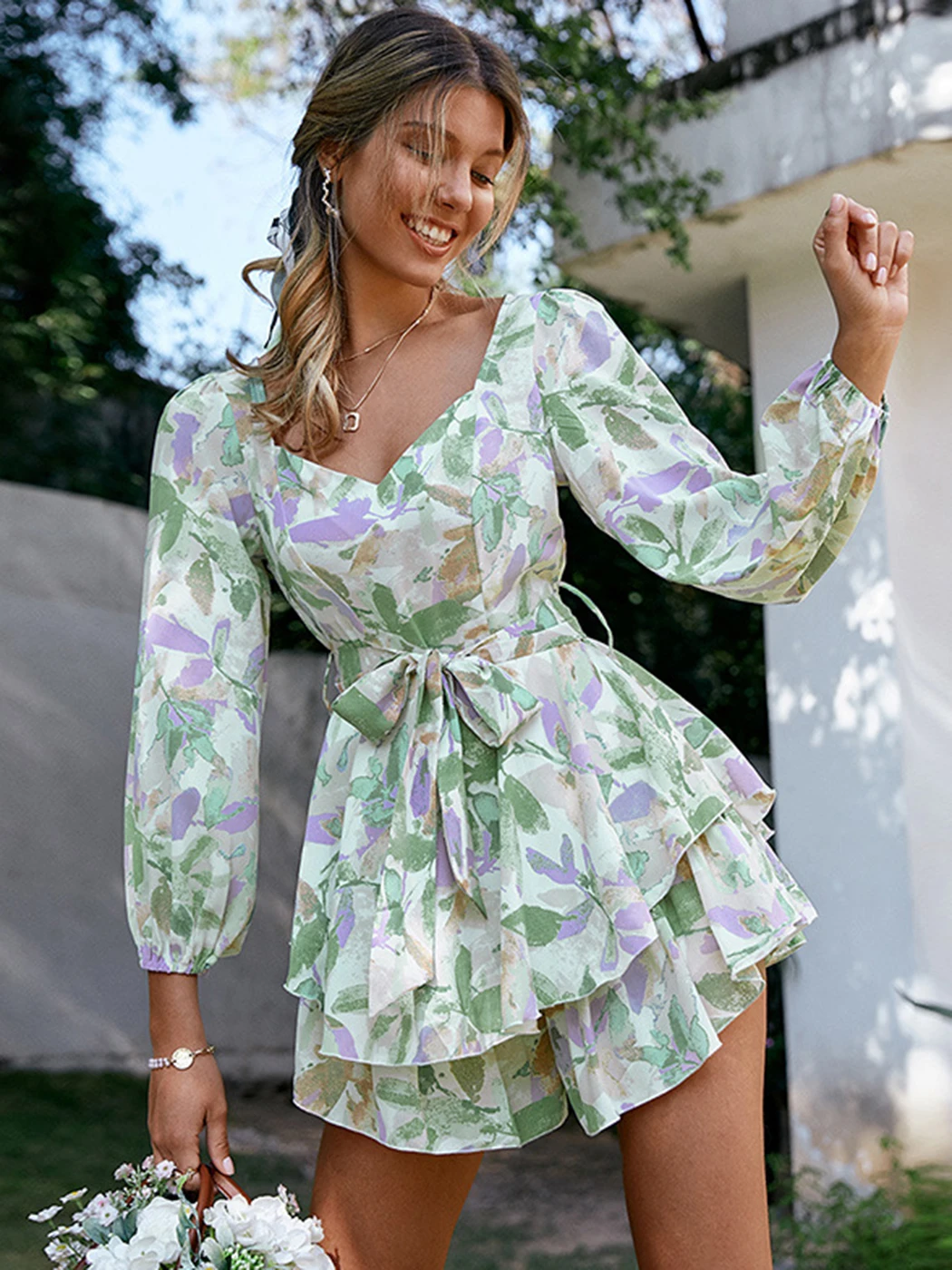 

Женский шифоновый короткий комбинезон Jastie, повседневный пляжный комбинезон с высокой талией, v-образным вырезом и длинным рукавом