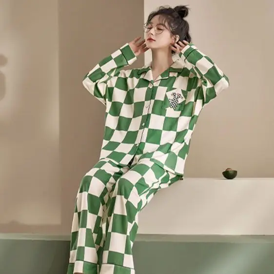 Spring Autuum Fashion Women's Casual Print Bear Pocket Sleepwear Homewear Cute Lovely Couple Pajamas Set With Pants Plaid Green