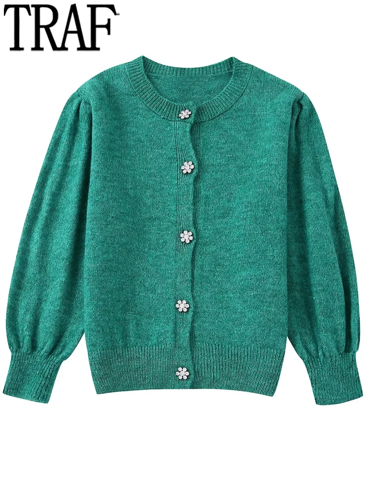 

Зеленый вязаный кардиган TRAF, женский укороченный свитер, кардиган, Женский вязаный Топ на пуговицах, женские осенние кардиганы с пышными ру...