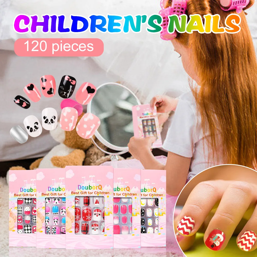 

120Pcs Kids False Nail Tips Set Cartoon Fake Nails Full Cover Press on Nails Children Nail Stickers Manicure Gift for Girls