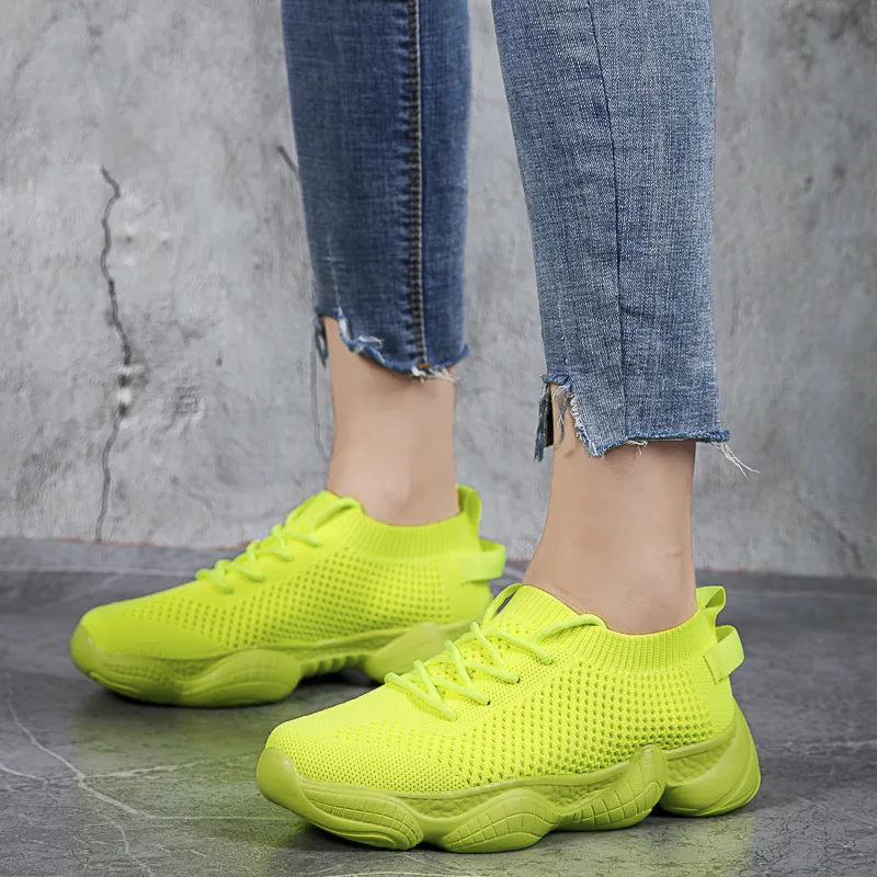 Cheap Hot Knitting Yellow Platform Men's Running Shoes Summer Breathable Comfortable Sock Shoes For Men Non-slip Women Sneakers