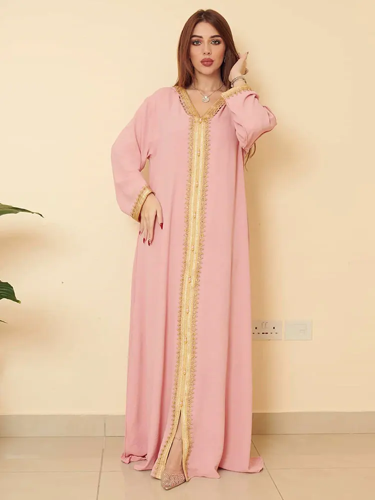 

Djellaba Hooded Abaya Lace Trimmed Cotton Arabian Long Dress Dubai Saudi Gulf Jalabiya Elegant Women Muslim Modest Kaftan Pink