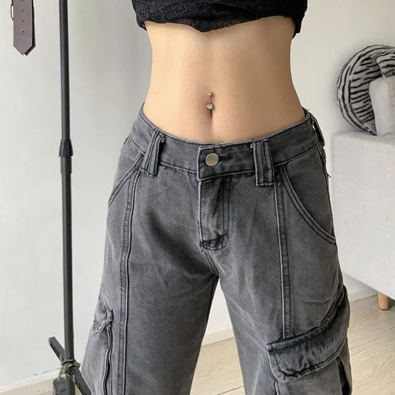 90s Streetwear Pockets Wide Leg Cargo Pants Low Waist Straight Denim Trousers Vintage Baggy Jeans Women 2022