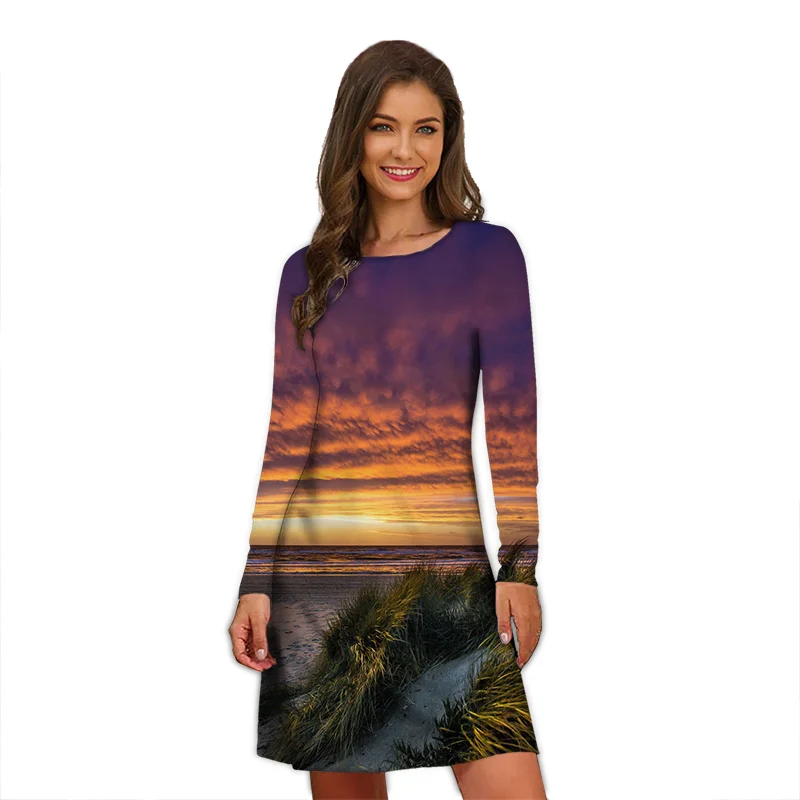 

Осеннее элегантное женское длинное платье в европейском и американском стиле с красивым пейзажем и длинными рукавами модное свободное пла...