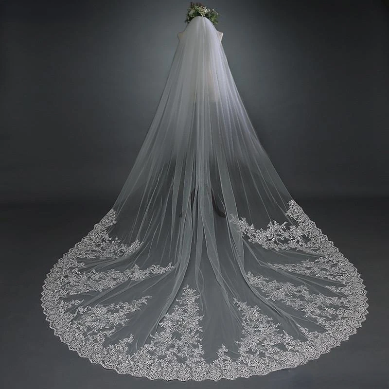 

3 M White Ivory Cathedral Length Wedding Veils One Layer Lace Bridal Accessories Veil with Comb Veu De Noiva Longo Com Renda