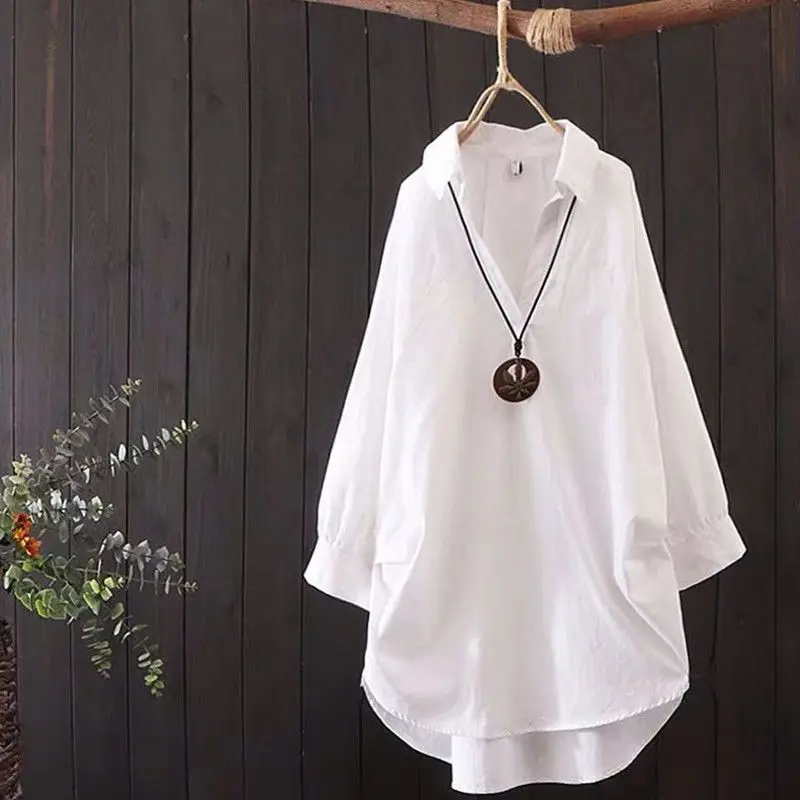 

White Shirts 2023 Autumn Winter Full Sleeve V Neck Ruched Loose Cotton Blouse Female Brief Basic Tops Pullovers Long Blouse