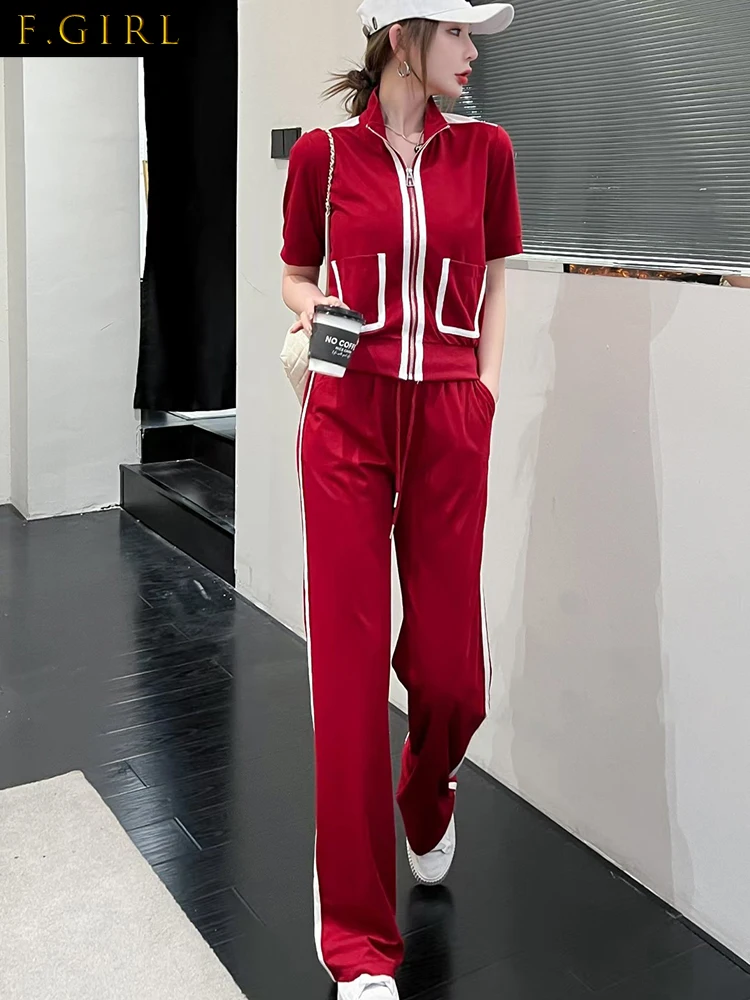 

F GIRLS Summer Outfits Two Piece Set For Women Tracksuit 2023 Stand Collar Short Sleeved Cardigan Zipper Top+Casual Wide Leg Pan