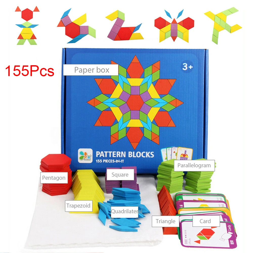 

155pcs Games Geometric Wooden Block Set Funny Home Montessori Learning Colorful Educational Toys IQ Pattern Shapes Dissection