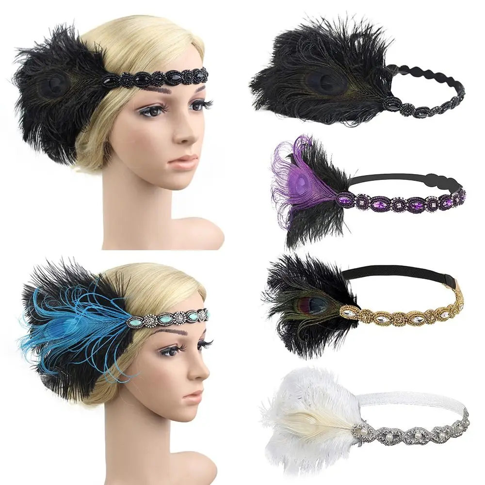 

New Women Vintage Elastic Black Rhinestone Forehead Decorations Feather Flapper Headband Party Headpiece