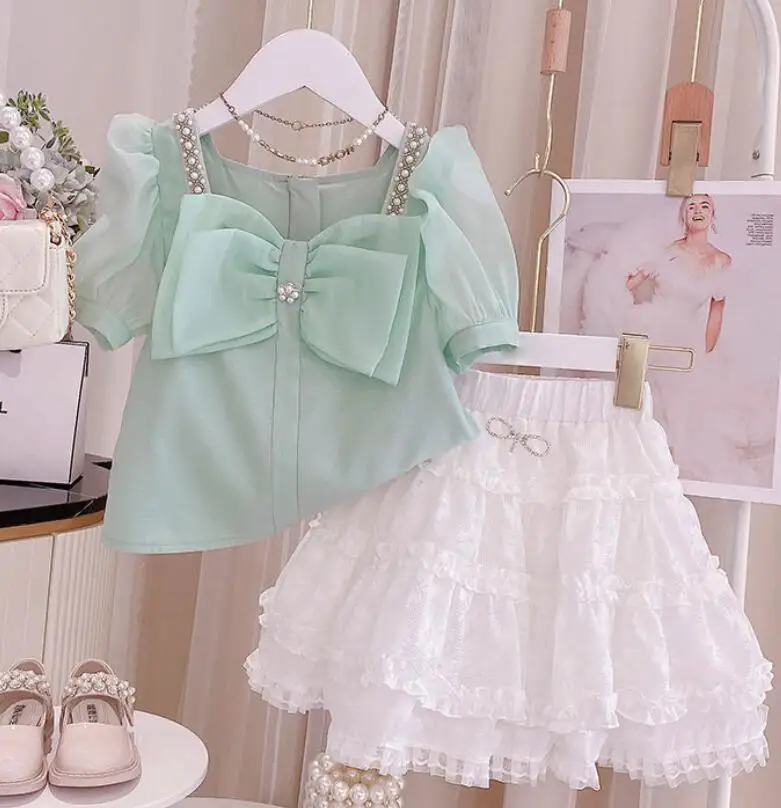 

2023 Retail Teenage Clothing Suits Baby Girls Boutique Fashion Summer 2 Piece Sets, Top+ Skirts or Shorts 4-10 T