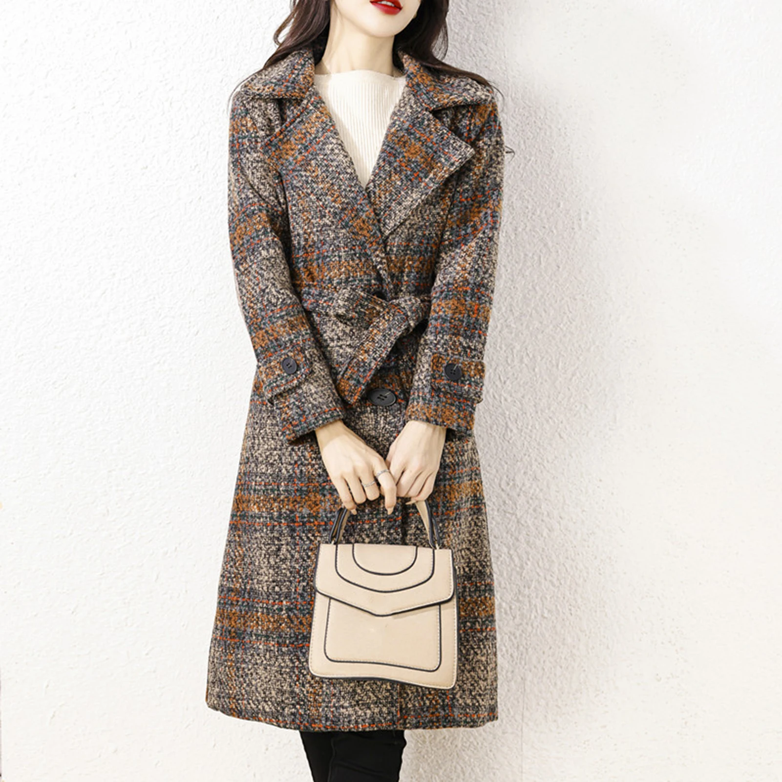 

Женское длинное пальто в клетку, двубортное пальто средней длины с принтом, зимнее пальто