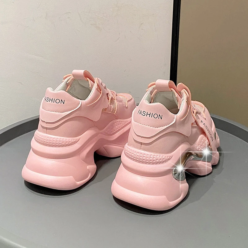 New Fashion Women Summer Leather Sneakers 8CM Heels White Mesh Casual Shoes Woman Trainers Lace-Up Breathable Platform Sneakers