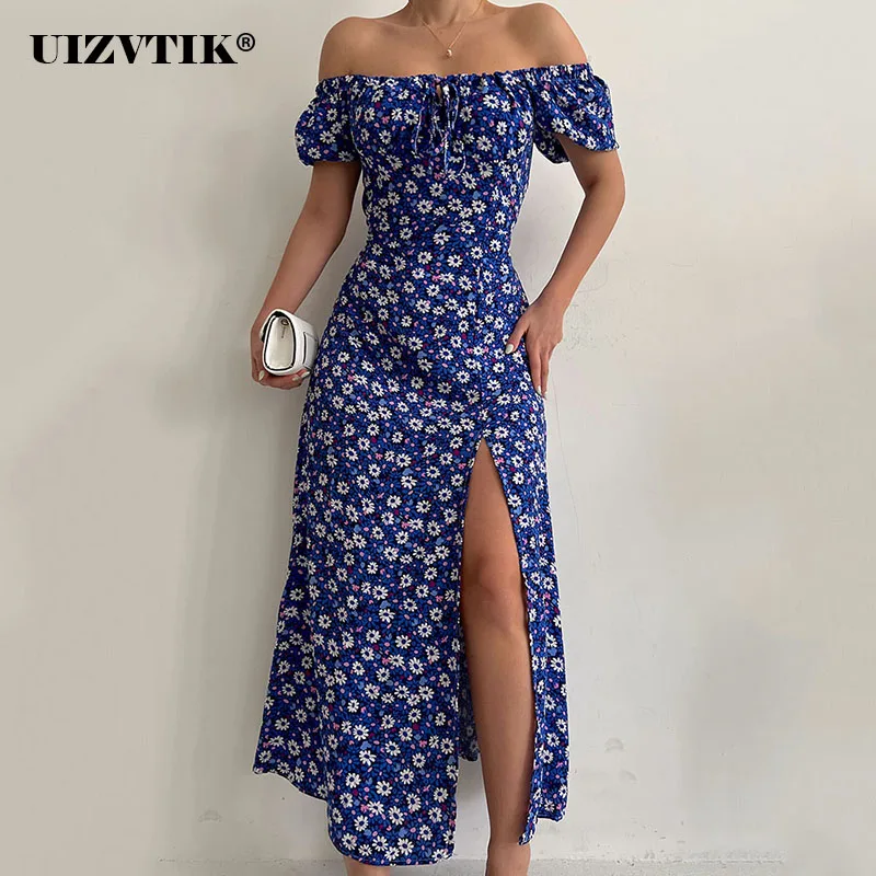 

Sexy Printed Lace-up High Slit Bodycon Midi Dresses for Women 2022 Summer Elegant Puff Sleeves Evening Long Party Dress Vestido