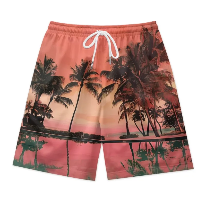 Мужские розовые шорты с принтом кокосовых пальмов на талии быстросохнущие