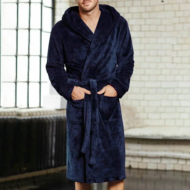 Helisopus Autumn and Winter Men's Winter Warm Bathrobe Thickened Plush Shawl Bathrobe Loungewear Long-sleeved Robe Jacket