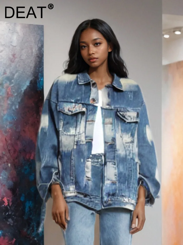 Женская джинсовая куртка DEAT свободная с отложным воротником и длинным рукавом