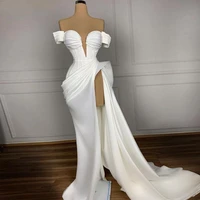 white prom dress long off shoulder hight slit sexy prom gown 2022 deep v neck pleated mermaid formal party dresses for women