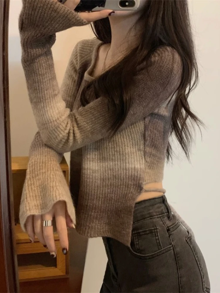 Женский вязаный свитер с градиентом элегантный винтажный пуловер расклешенными