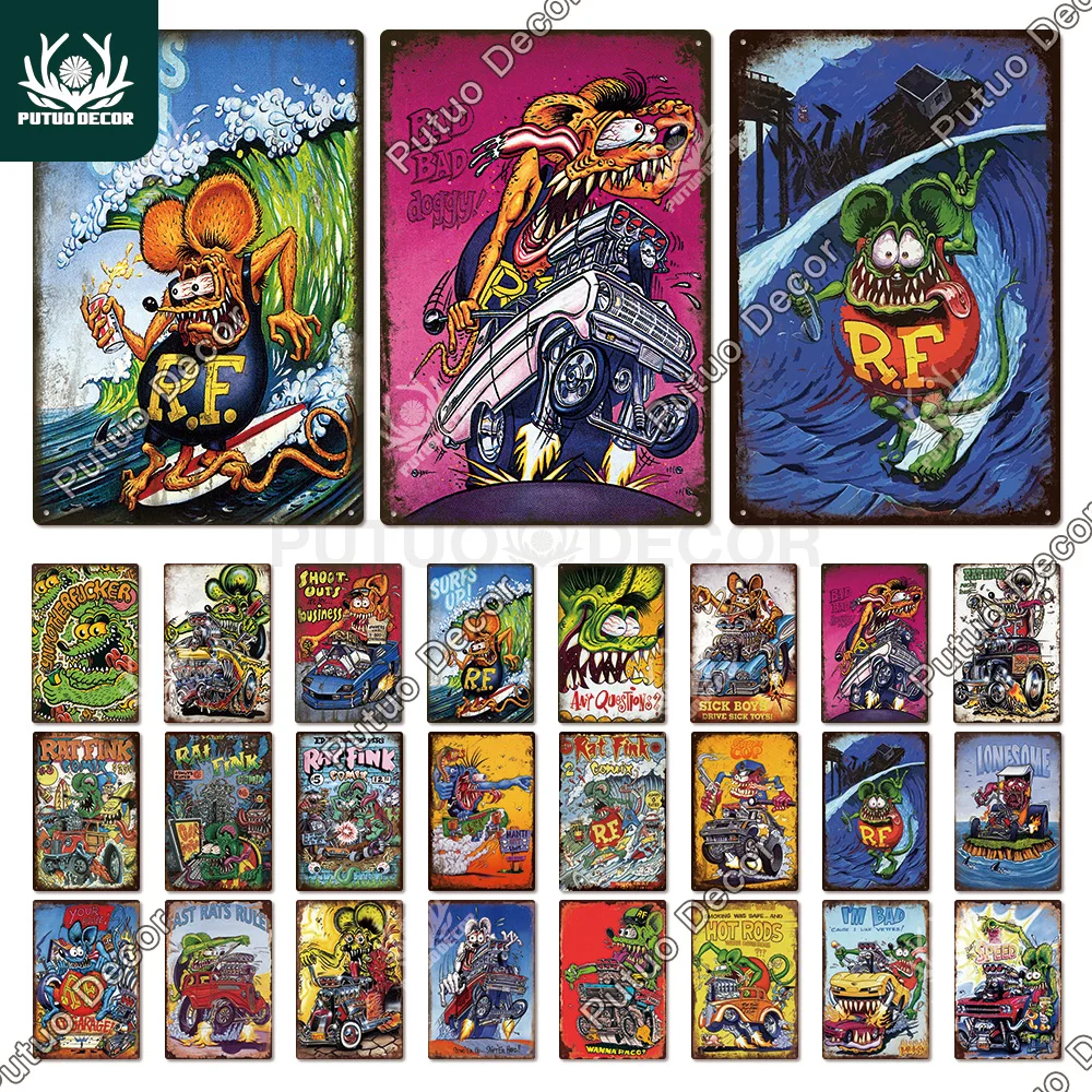 

Putuo Decor Rat Fink Metal Signs Rusic Tin Poster Metal Vintage Posters for Man Cave Garage Bar Club Home Decoration Wall Decor