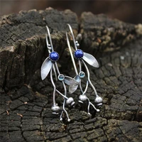fashion blue zircon branch leaves dangle earrings vintage ethnic silver color metal hook drop earrings jewelry