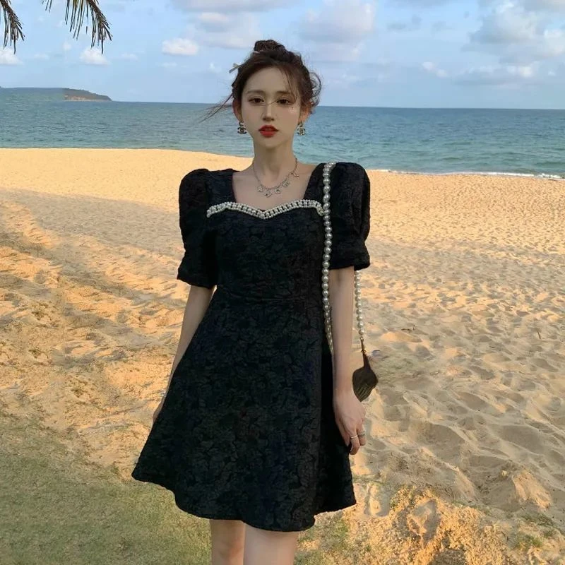 Rhineston Dresses Woman 2022 Midi Korean Style Trend Classic French Women's Summer Dress Tulle Vintage Party Prom Fashion Black