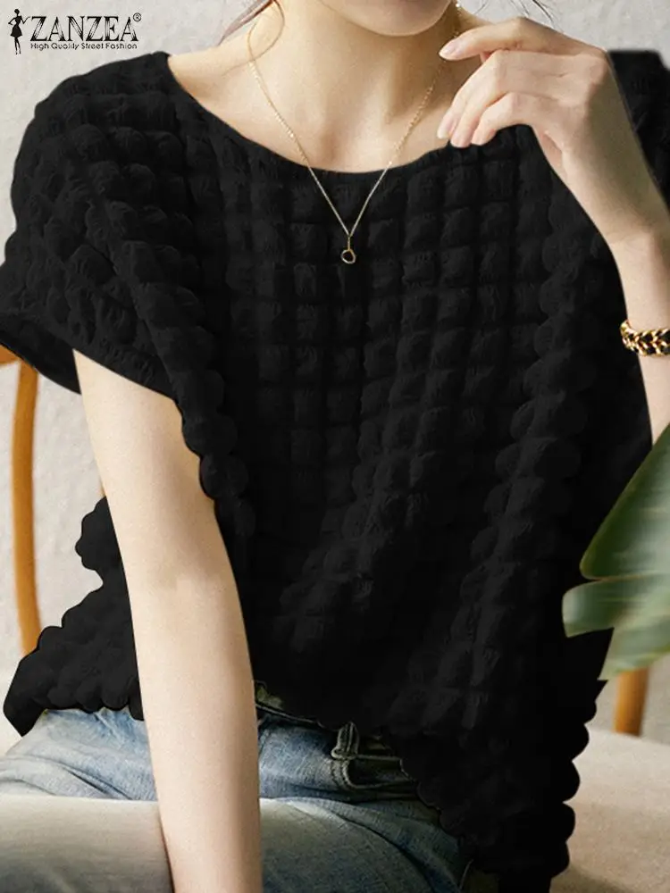 

ZANZEA Thin Short Sleeve O-Neck Blouse Women Summer Solid Color Tops Vintage Fashion Casual Oversized Loose Holiday Beach Shirt
