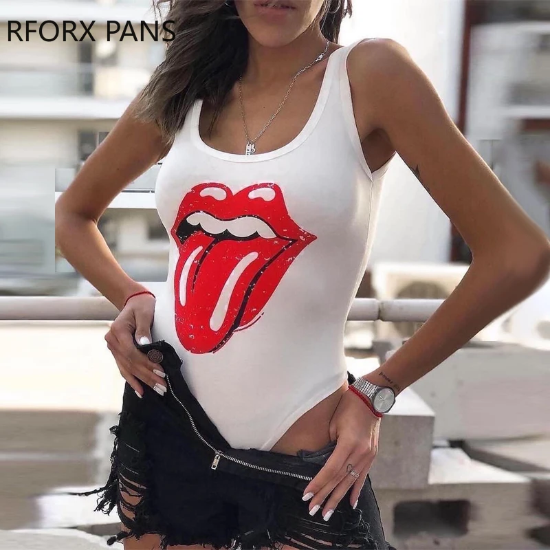 

Women Chic Tank Sleeveless Sexy Lip Pattern Sexy Bodycon White Bodysuits