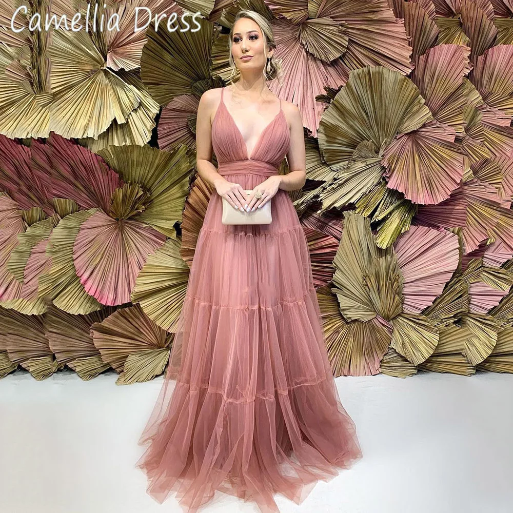 

Spaghetti Straps Blush Pink Long Prom Dresses Tiered Tulle Party Dresses Deep Sexy V Neck Backless Evening Dresses فستان سهرة