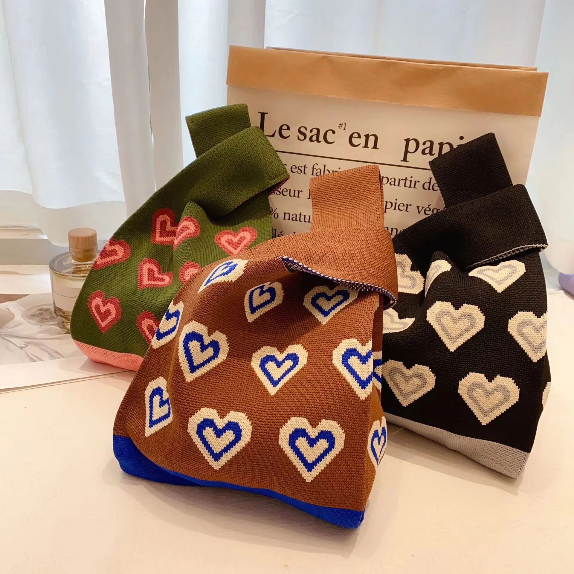 New Wide Striped Handmade Knitted Handbag Minimalist Mini Knot Wrist Bag Tote Bag Student Reusable Shopping Bags