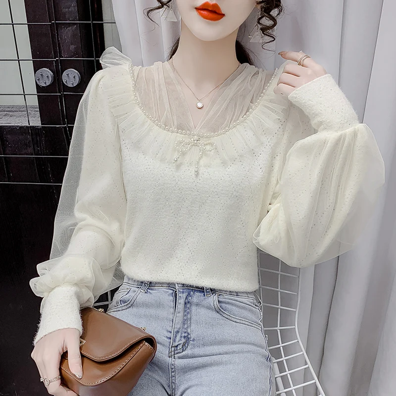 

French heavy industry beaded stitching mesh shirt femininity rhombic hollow blouse sweet coat, 962g,hai,0318-11