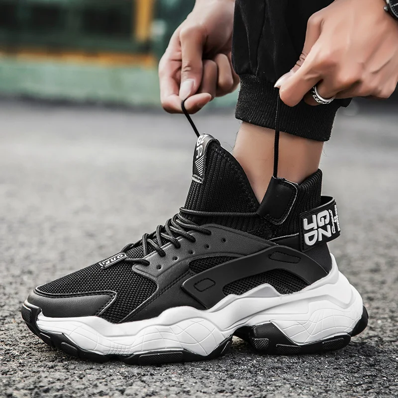 New Men's Shoes Spring And Thick-soled Mid-top Chunky Sneakers Casual Trend Rubber Elastic Comfortable Lightweight Sports Shoes