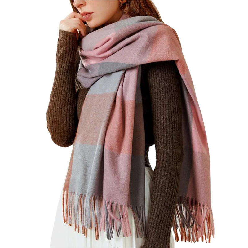 

Winter Women Plaid Cashmere Scarf Classic Cashmere Fringed Wraps Lattice Thickened Double Soft Knitted Shawls Pashmina Foulard