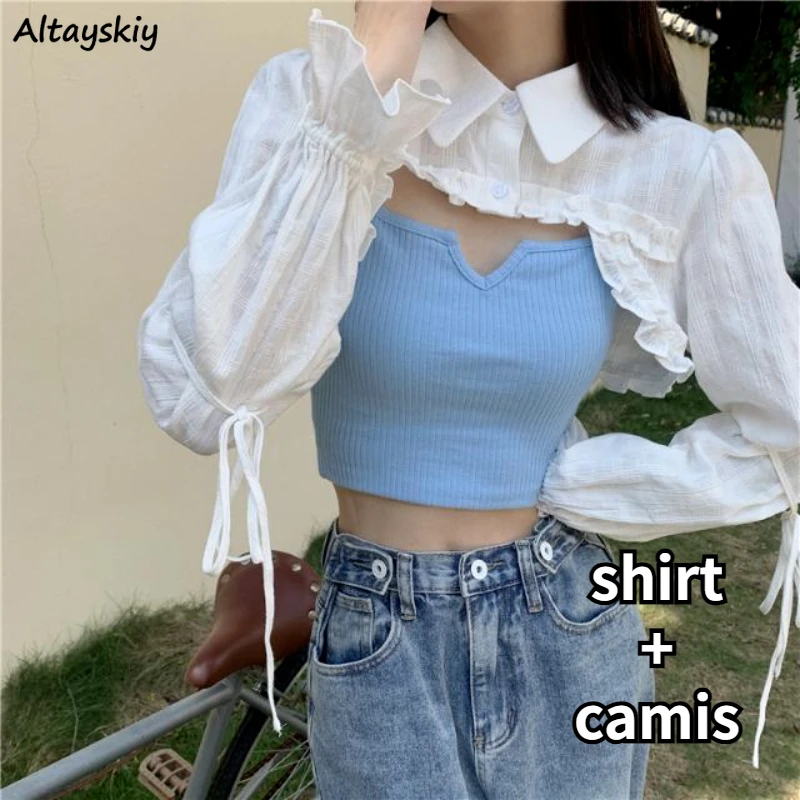 

Sets Women Long-sleeve Sun-proof Ruffles Sweet Lace-up All-match Cropped Shirts Slim Simple Camis Korean Style Casual Prevalent