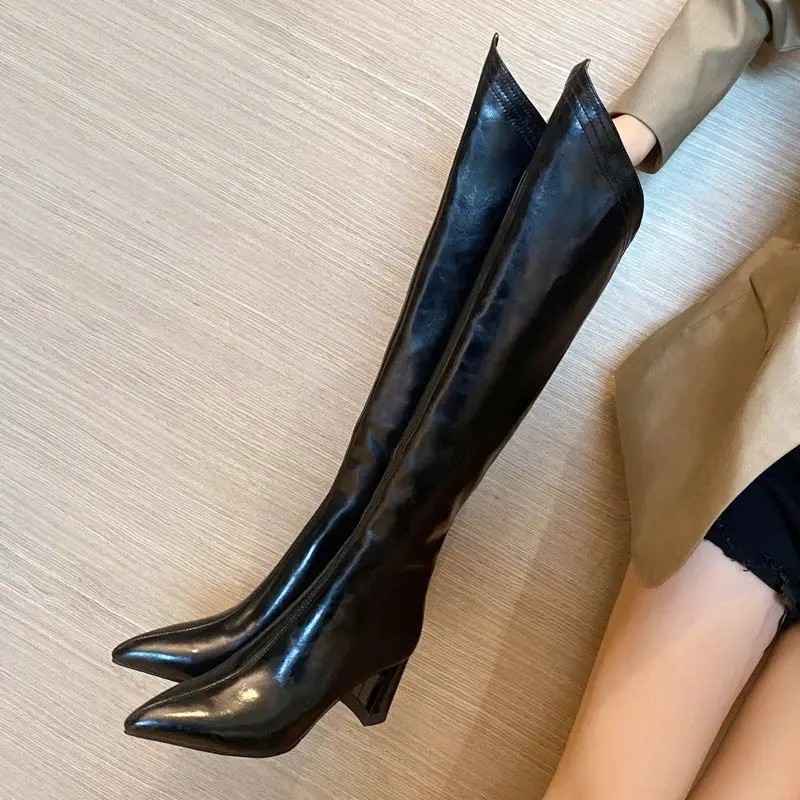 

Женские кожаные сапоги до колена FHANCHU 2022, модная зимняя облегающая обувь, сапоги на квадратном каблуке с острым носком, боковая молния, черные, бежевые, Прямая поставка