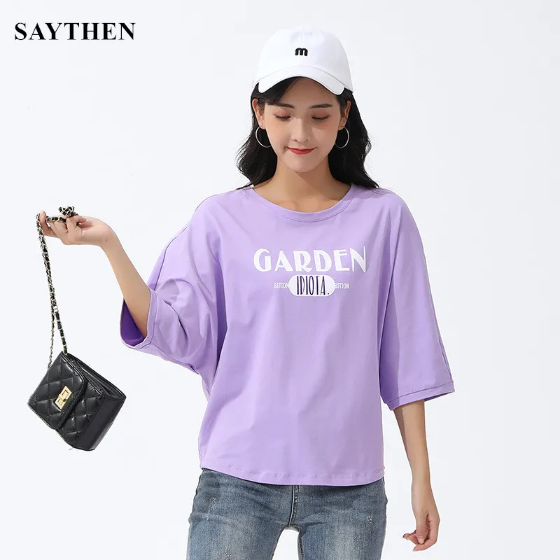

SAYTHEN 2022 Round Neck Letter Bubble Sleeve Pullover Cotton Purple Short Sleeve Loose Type Sha Fresh And Sweet