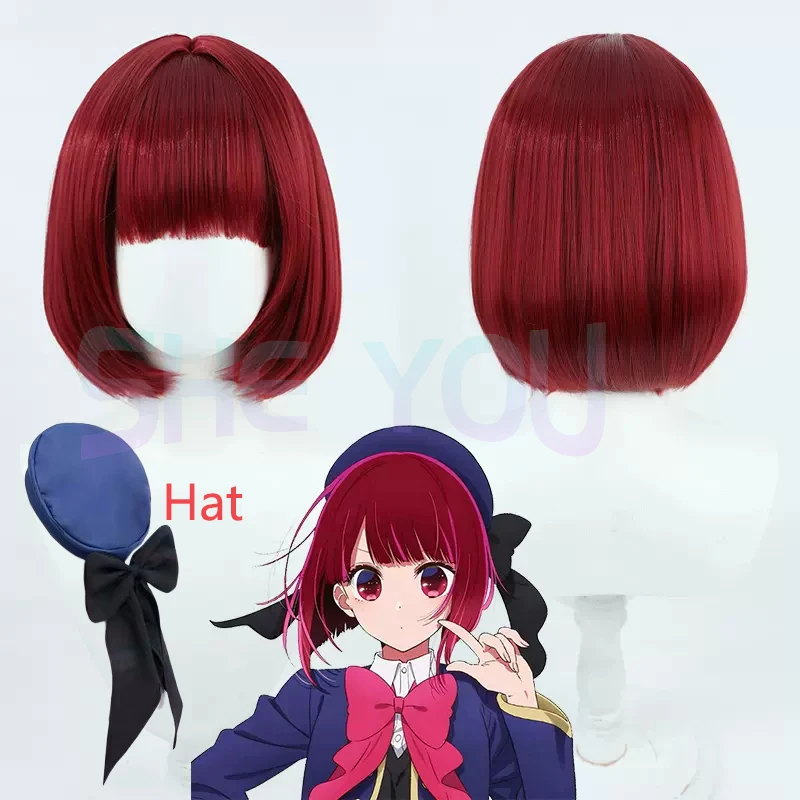 30cm Arima Kana Cosplay Wig Oshi No Ko Anime Cosplay Wigs Red Pink Bobo Wig Hat Heat Resistant Synthetic Wig + Wig Cap