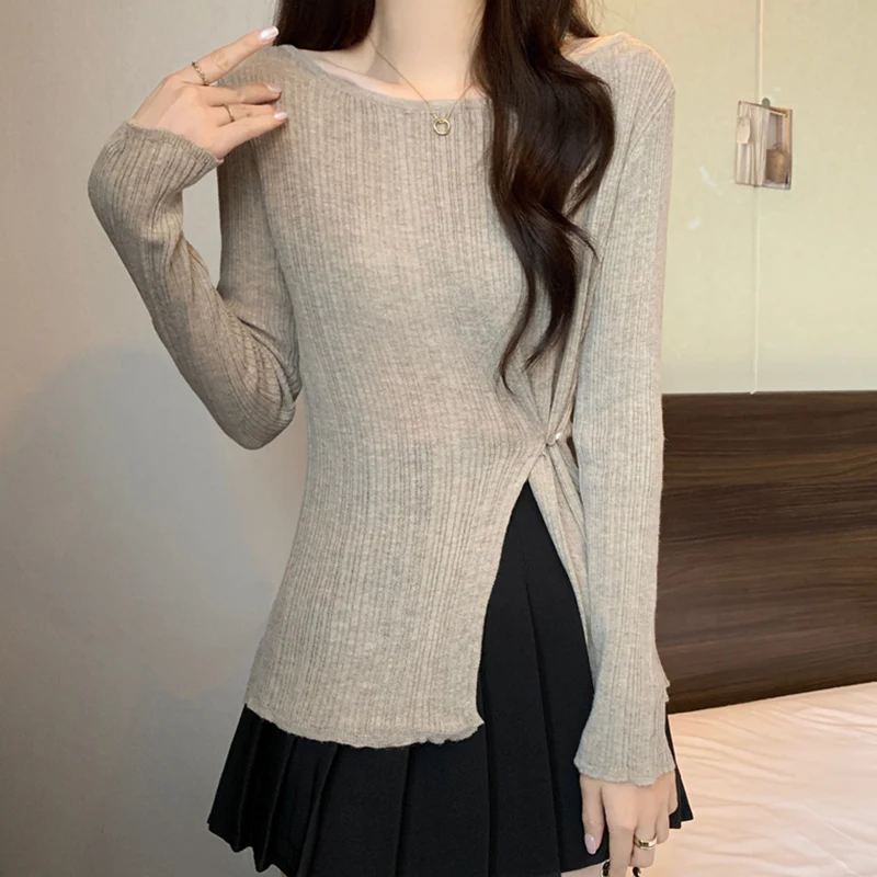 Design Side Slit round Neck Long sleeve Knit Women Autumn New Korean Sle Waist Hugging Slimming Stretch Bottoming Shirt
