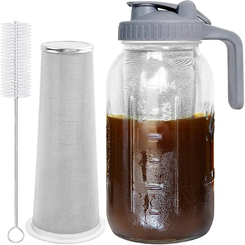 

Cold Brew Coffee Maker Jar - 64oz Thick Glass Multipurpose Mason Pitcher Spout Lid with Handle & Stainless Steel Filter for Iced