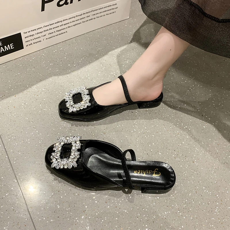 

Women Sandals Flat Heels Genuine Soft Summer Sandalia Students Girls Square Toe Ladies Spring Shoes Woman Rhinestone Slippers