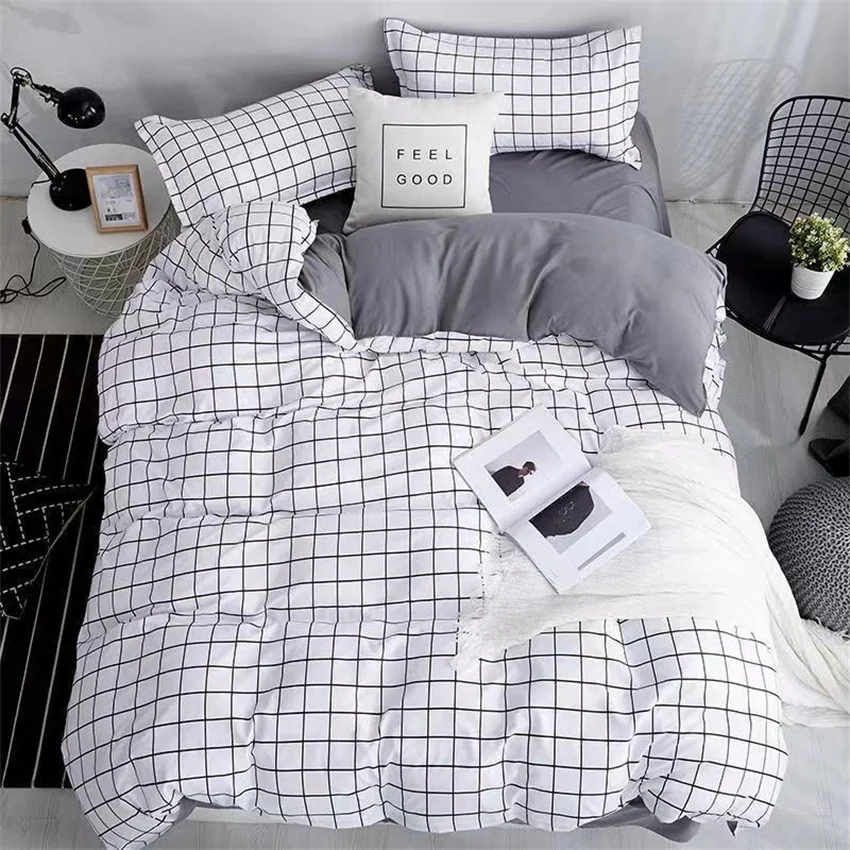 

Fashion Classic White Plaid Bedding Set Queen King Size Duvet Cover Bed Linen Bedsheet Pillowcase for Kids Childs Soft Bed Cover