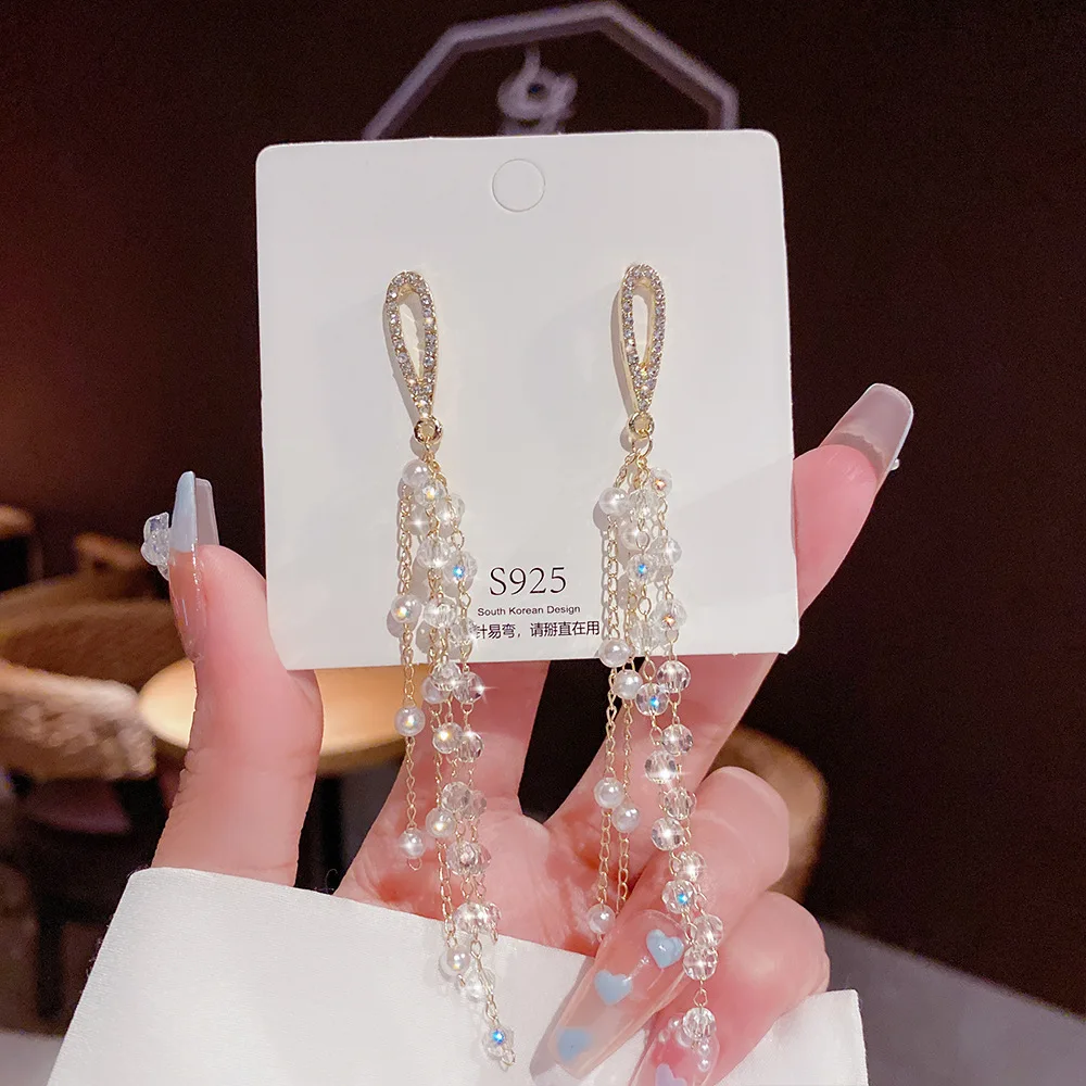 

S925 Silver Needle Light Luxury High Grade Long Fringe Tall Tassel Pendant Earrings Women's Korean Ins Style Ear Studs Jewelry