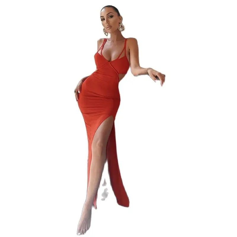 

Women's New 2022 Spring Summer Slim Fit Solid Color Hollow Sleeveless Backless Party Sling High Slit Sexy Fashion Club Dress
