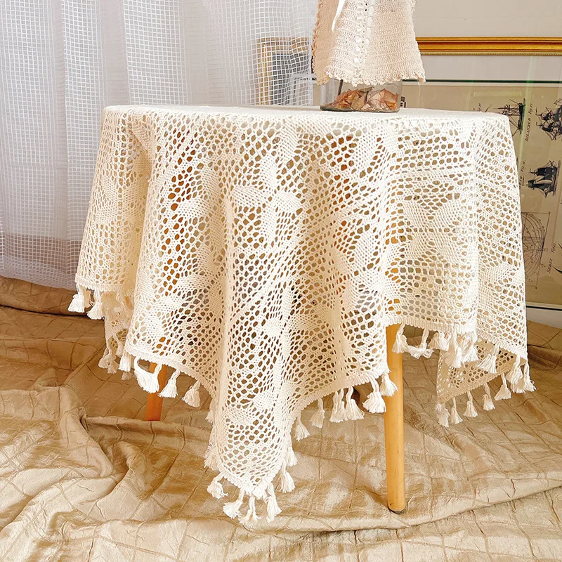 

Retro American Country Crochet Lace Round Tablecloth Pastoral Weave Hollow Literary Tassel Tea Table Cloth Dust-proof Tablecloth