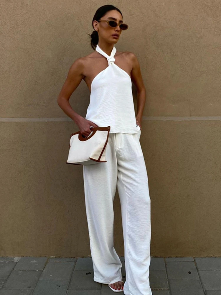 

2023 Summer New Sexy Suit Halter Neck Backless Top High Waist Pants Two Piece Set Women Solid Casual Slim Trousers 2 Pieces Set