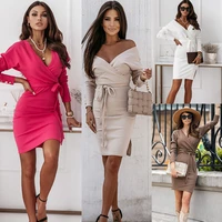 womens solid color mid waist lace up dress bodycon dress v neck long sleeved knitted dress side split mini skirt sexy dresses